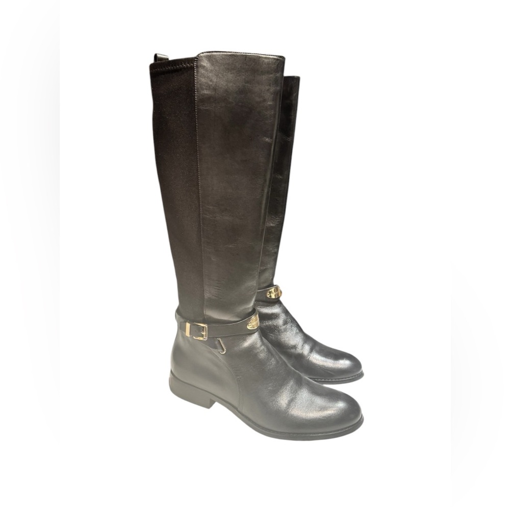 Michael Kors Black Leather Elastic Back Arley Knee-High Boots - Picture 5 of 16
